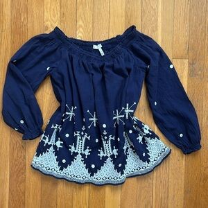 Joie Kistine 100% Cotton Navy Blue & White Embroidered Blouse Peasant Top XS